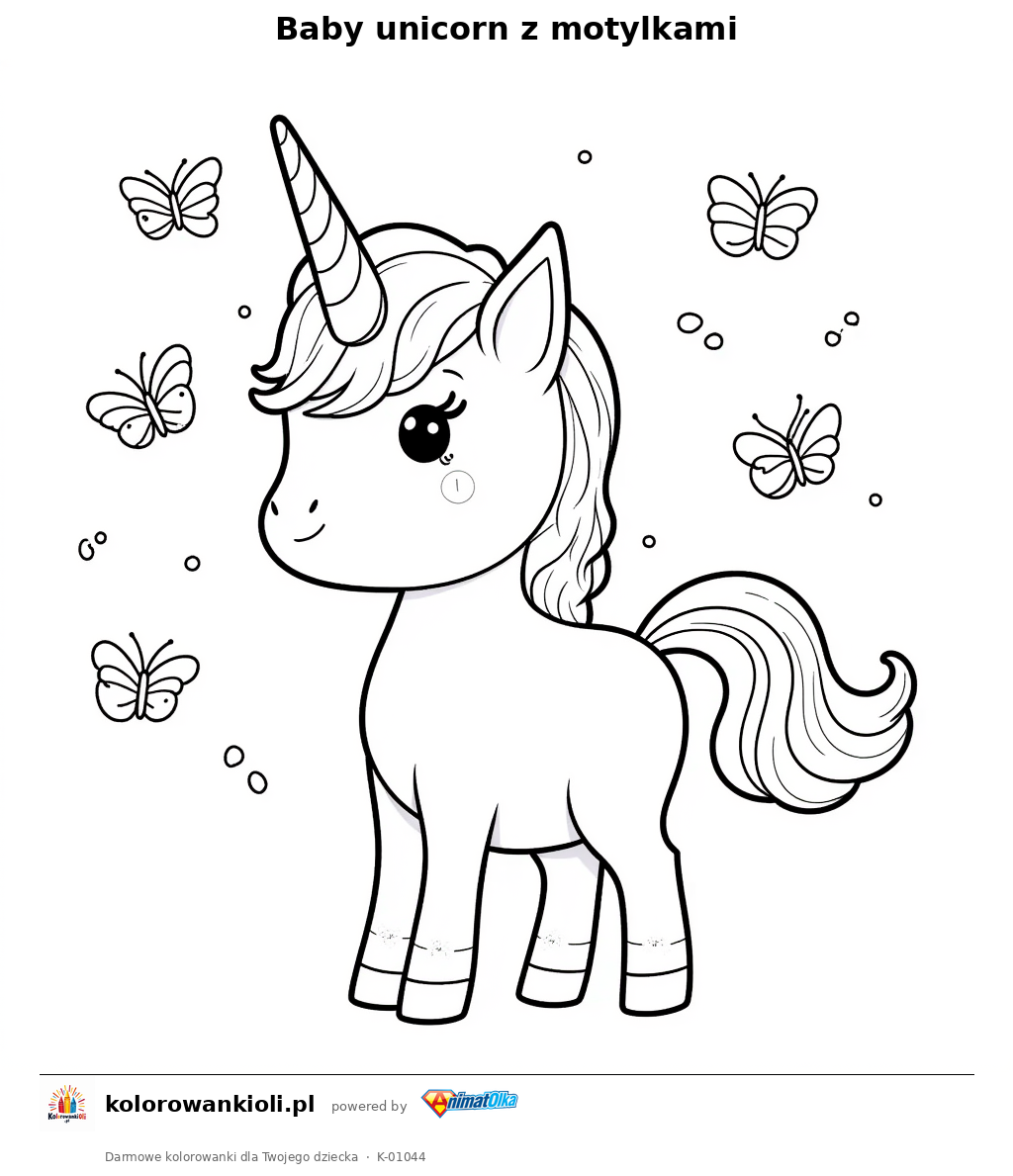 Kolorowanka — Baby unicorn z motylkami
