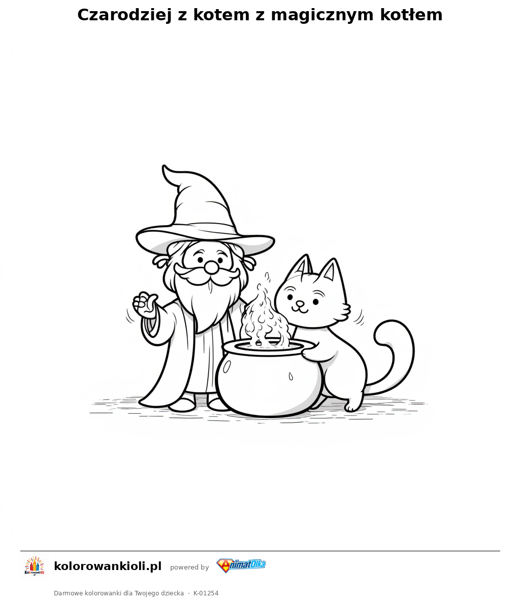 Kolorowanka — Czarodziej z kotem z magicznym kotłem