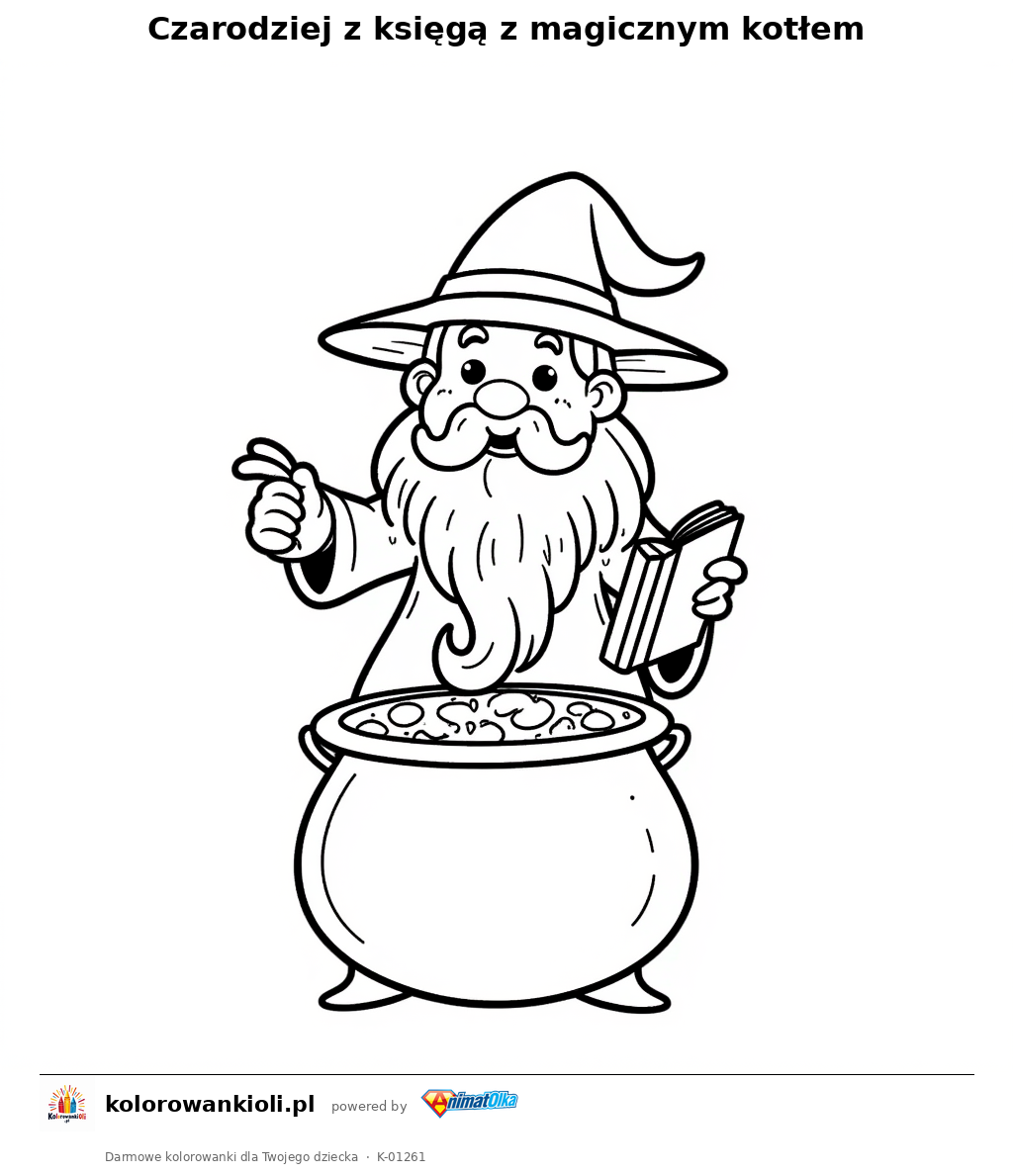 Kolorowanka — Czarodziej z księgą z magicznym kotłem
