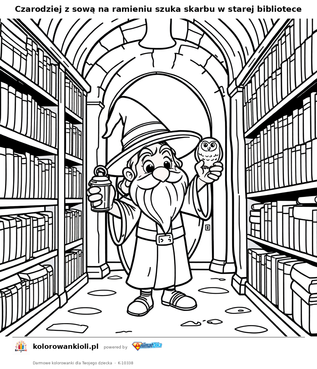 Czarodziej z sową na ramieniu szuka skarbu w starej bibliotece — kolorowanka do wydruku dla dzieci