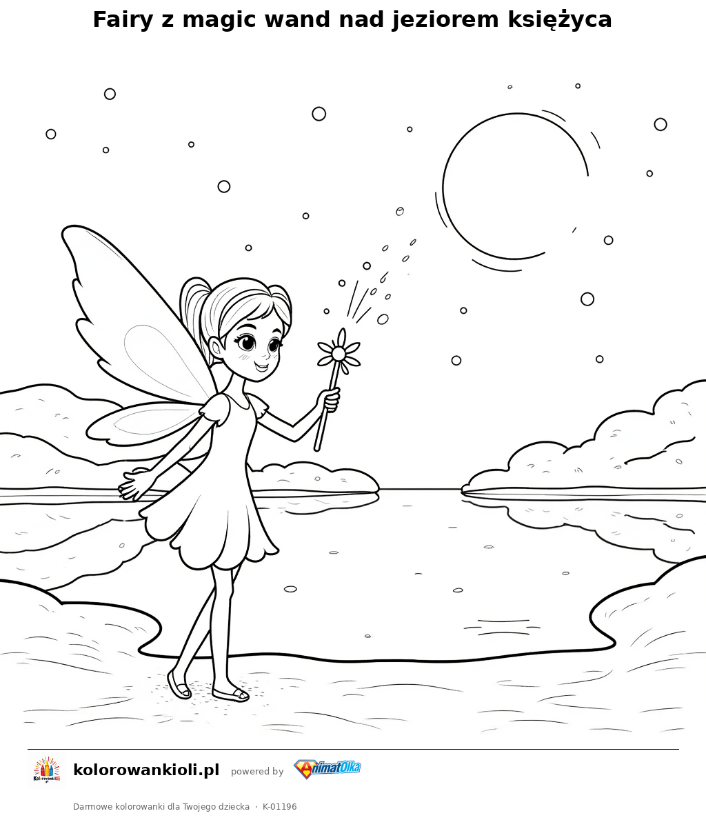 Kolorowanka — Fairy z magic wand nad jeziorem księżyca