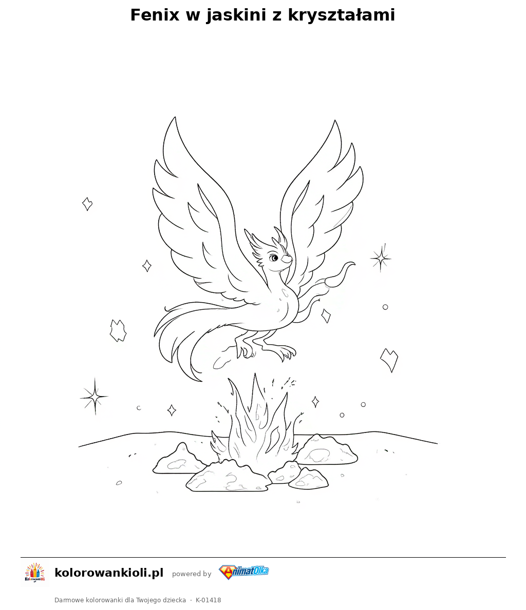 Kolorowanka — Fenix w jaskini z kryształami