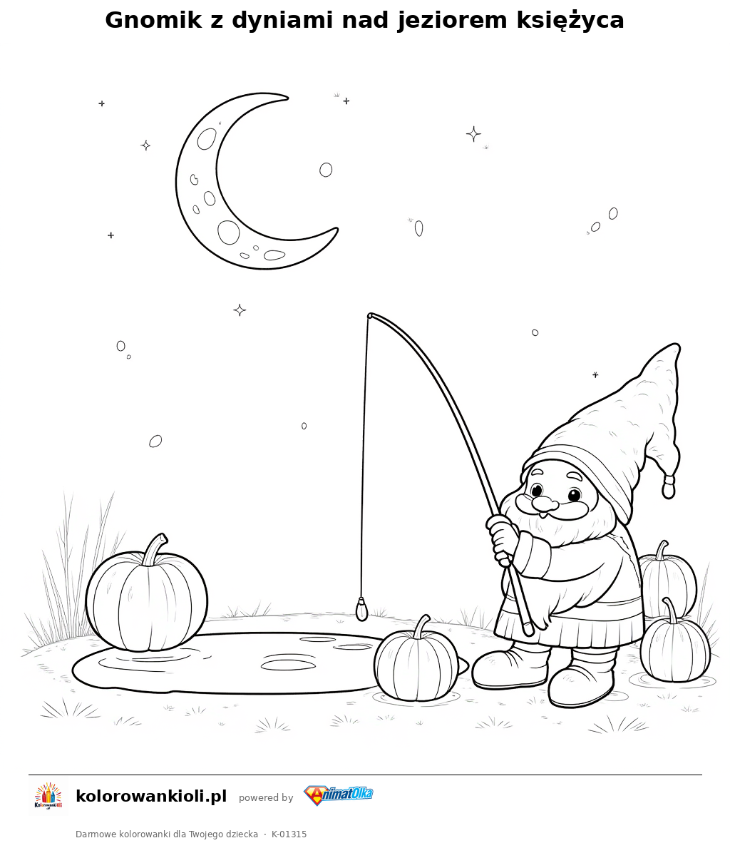 Kolorowanka — Gnomik z dyniami nad jeziorem księżyca