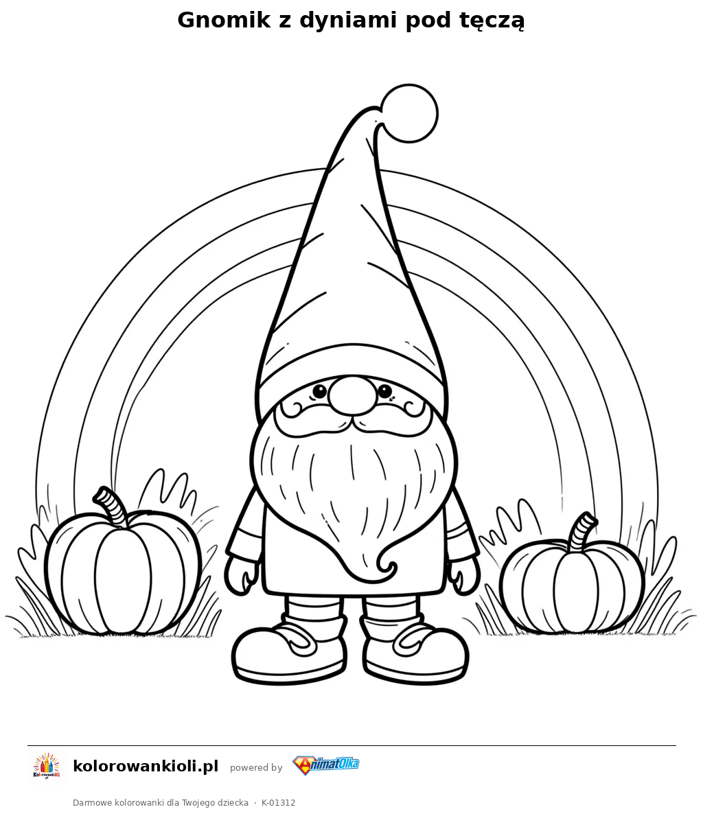 Kolorowanka — Gnomik z dyniami pod tęczą