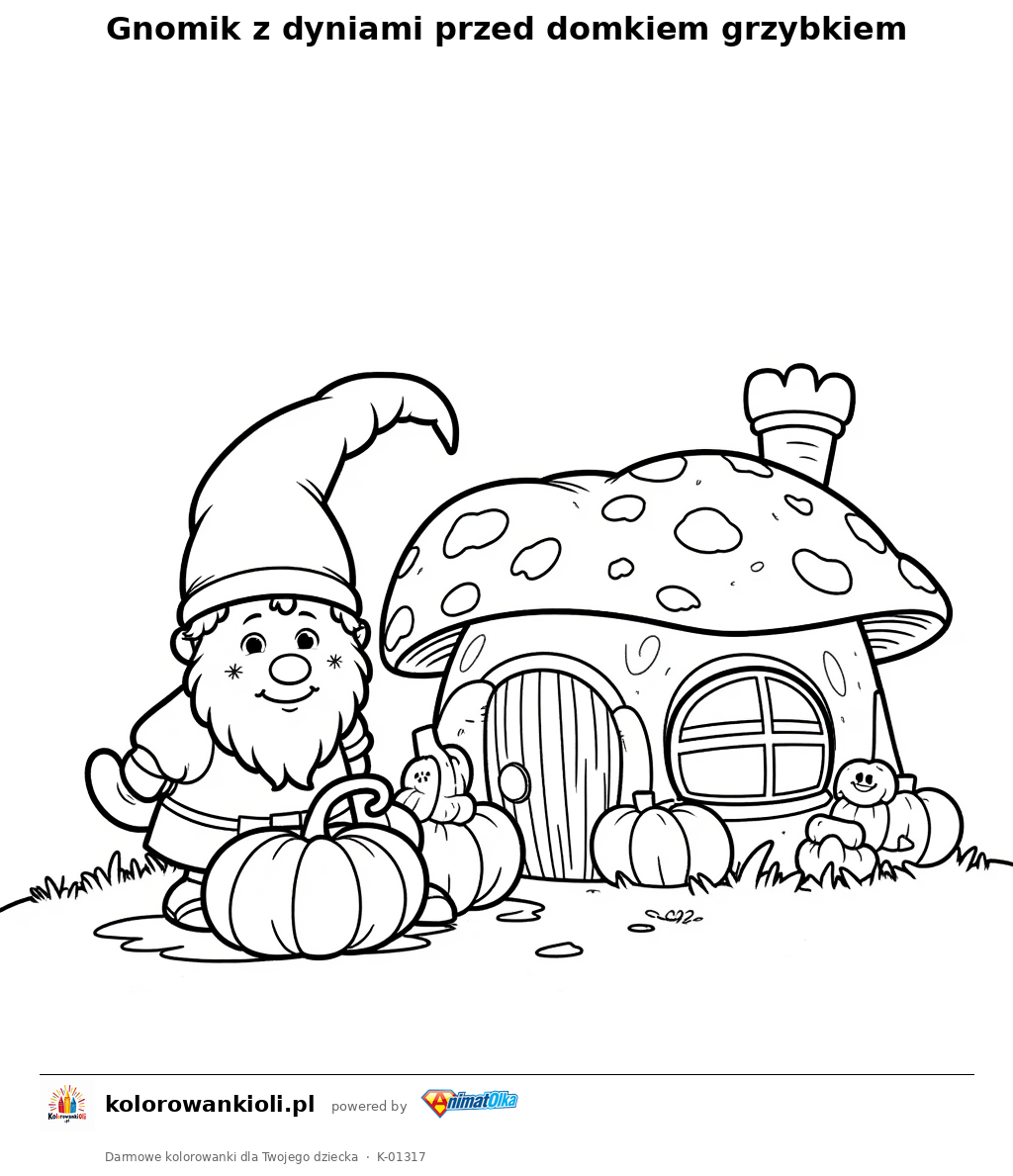 Kolorowanka — Gnomik z dyniami przed domkiem grzybkiem