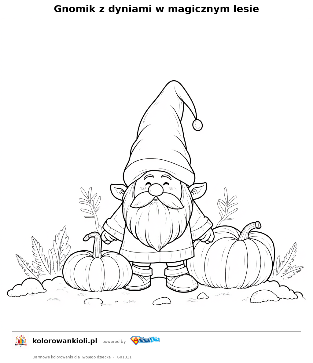 Kolorowanka — Gnomik z dyniami w magicznym lesie