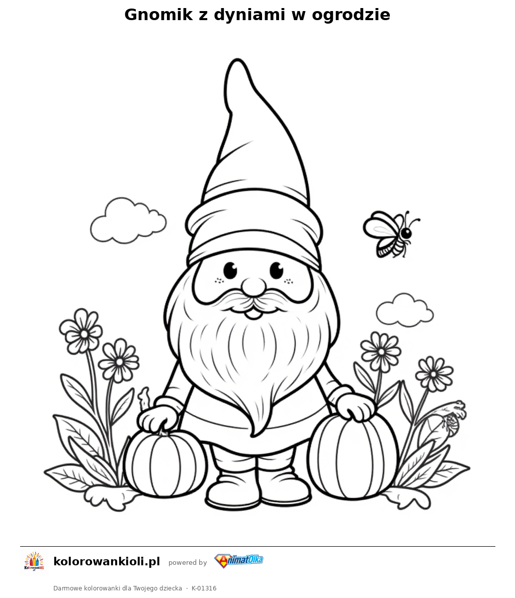 Kolorowanka — Gnomik z dyniami w ogrodzie