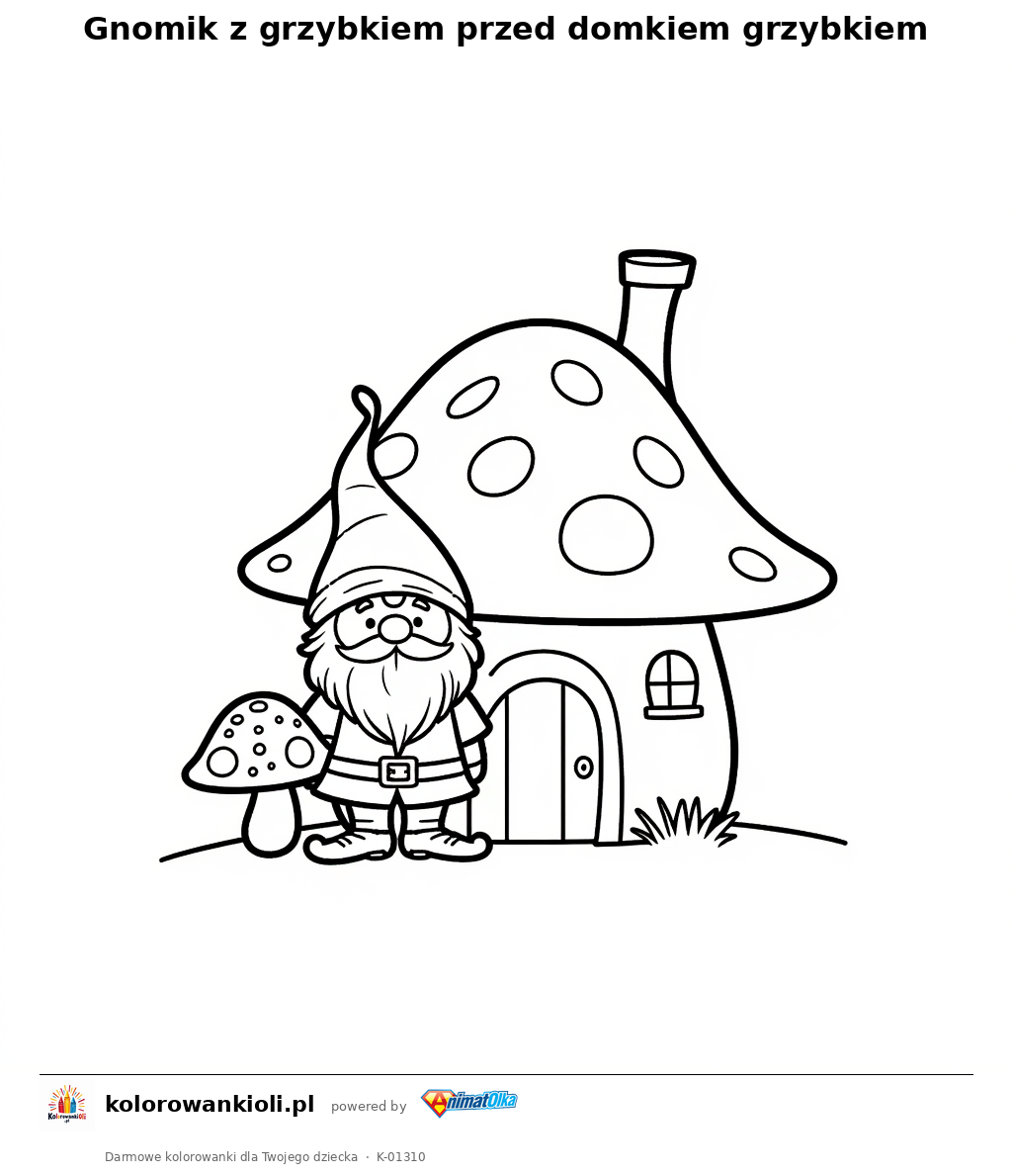 Kolorowanka — Gnomik z grzybkiem przed domkiem grzybkiem