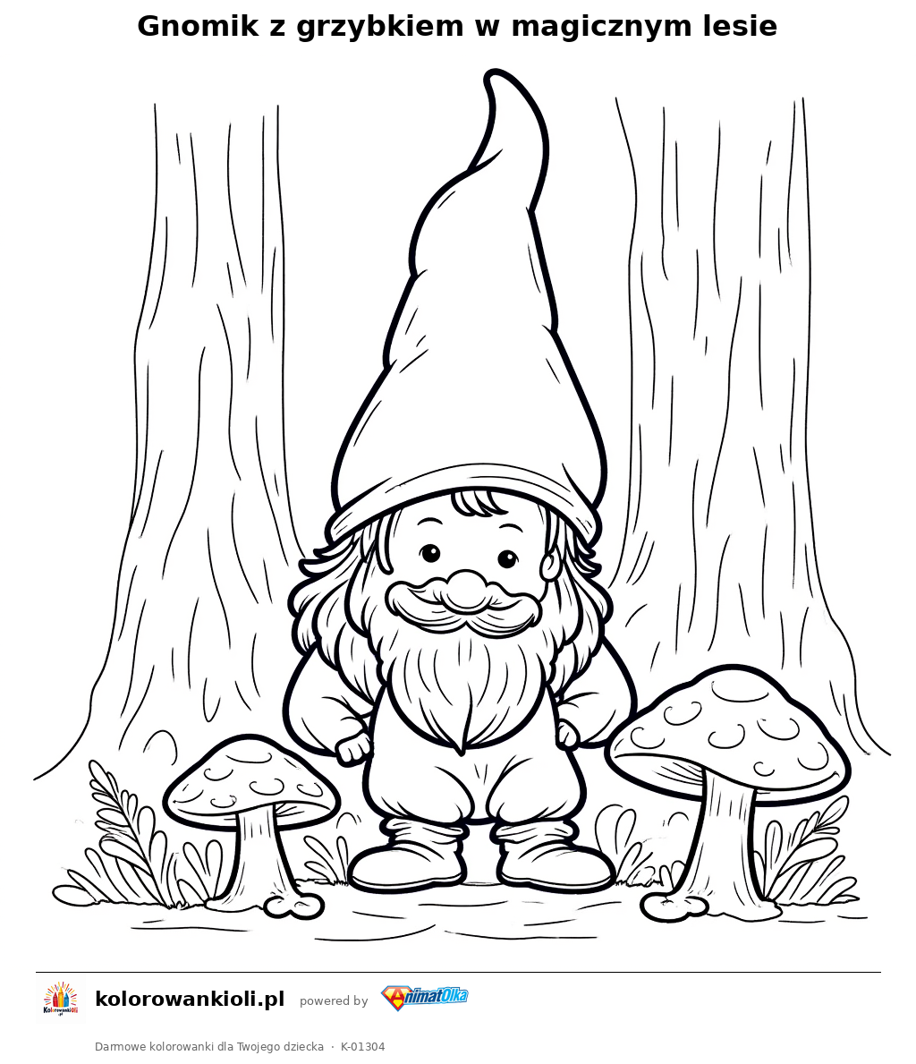 Kolorowanka — Gnomik z grzybkiem w magicznym lesie