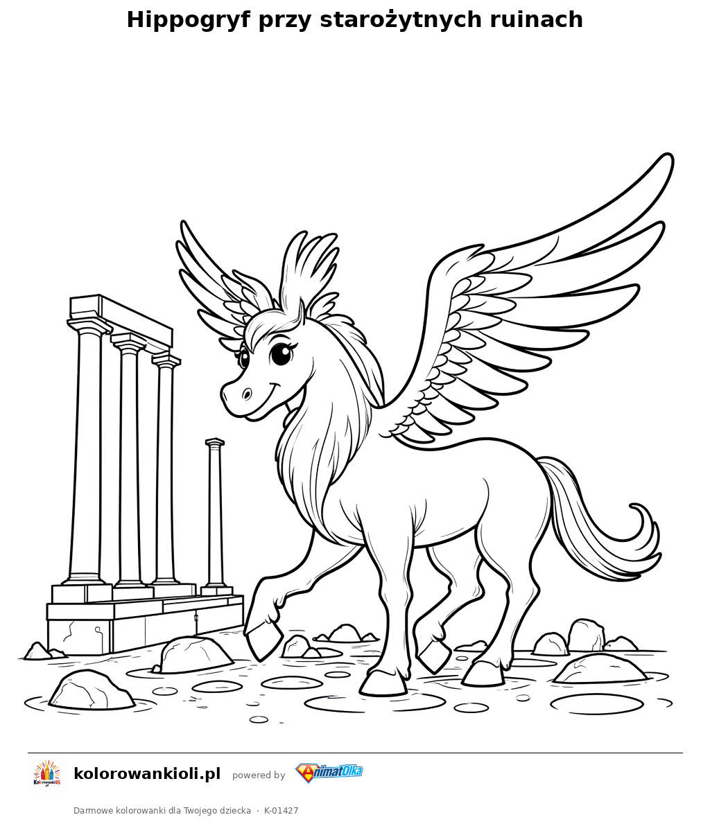 Kolorowanka — Hippogryf przy starożytnych ruinach