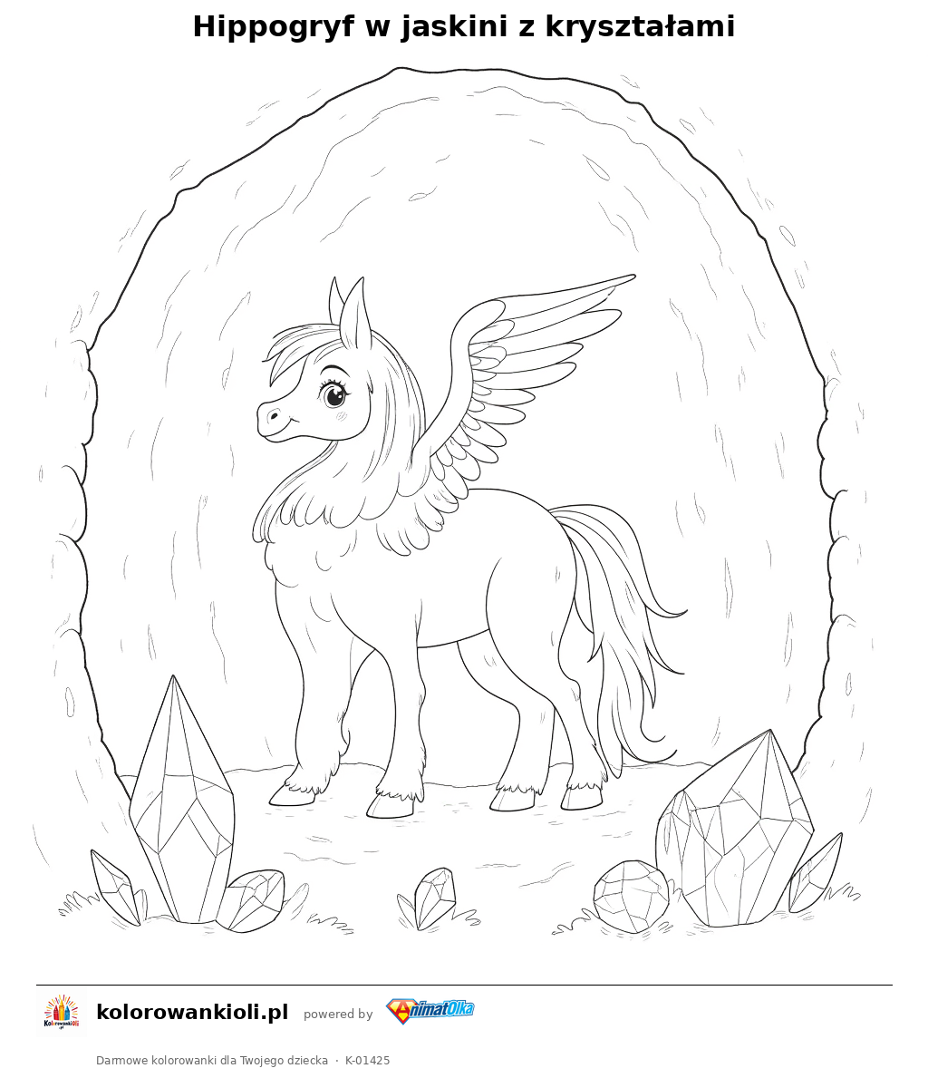 Kolorowanka — Hippogryf w jaskini z kryształami