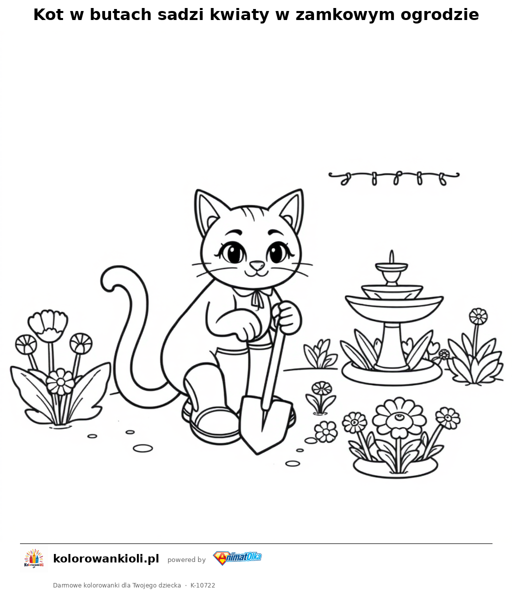 Kot w butach sadzi kwiaty w zamkowym ogrodzie — kolorowanka do wydruku dla dzieci