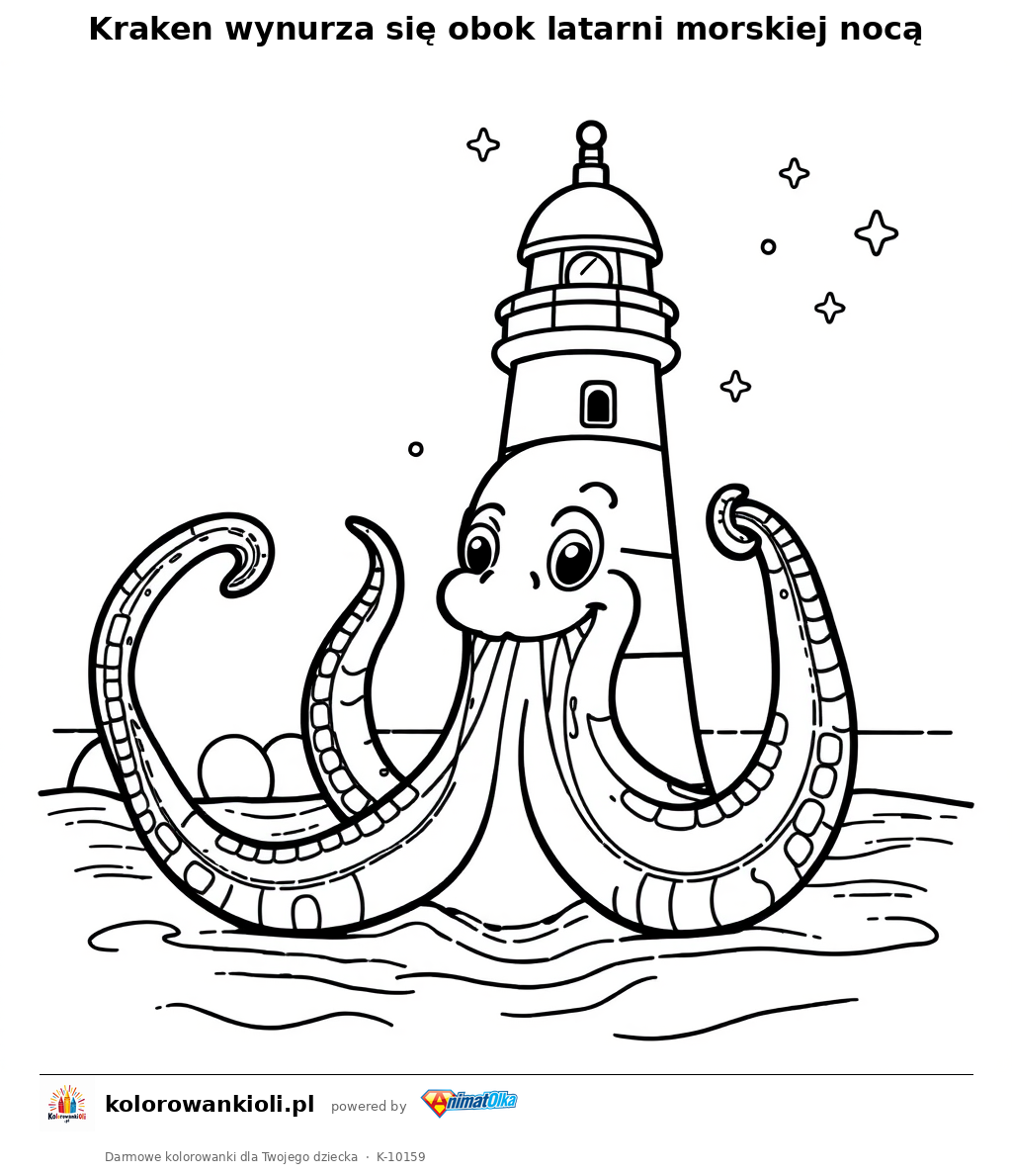 Kraken wynurza sie obok latarni morskiej noca — kolorowanka do wydruku dla dzieci