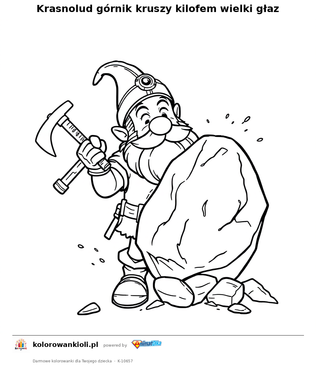 Krasnolud górnik kruszy kilofem wielki głaz — kolorowanka do wydruku dla dzieci