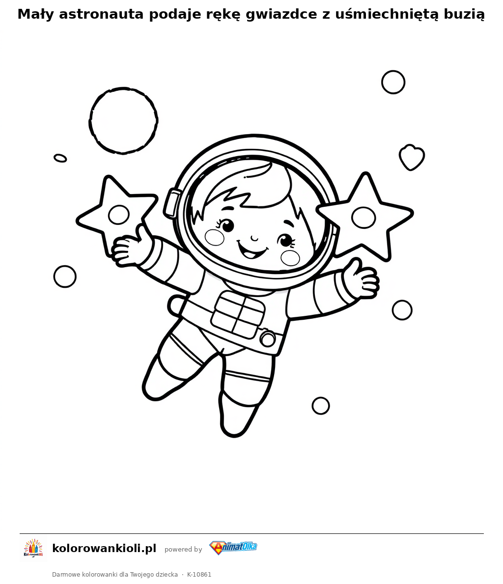 Mały astronauta podaje rękę gwiazdce z uśmiechniętą buzią — kolorowanka do wydruku dla dzieci