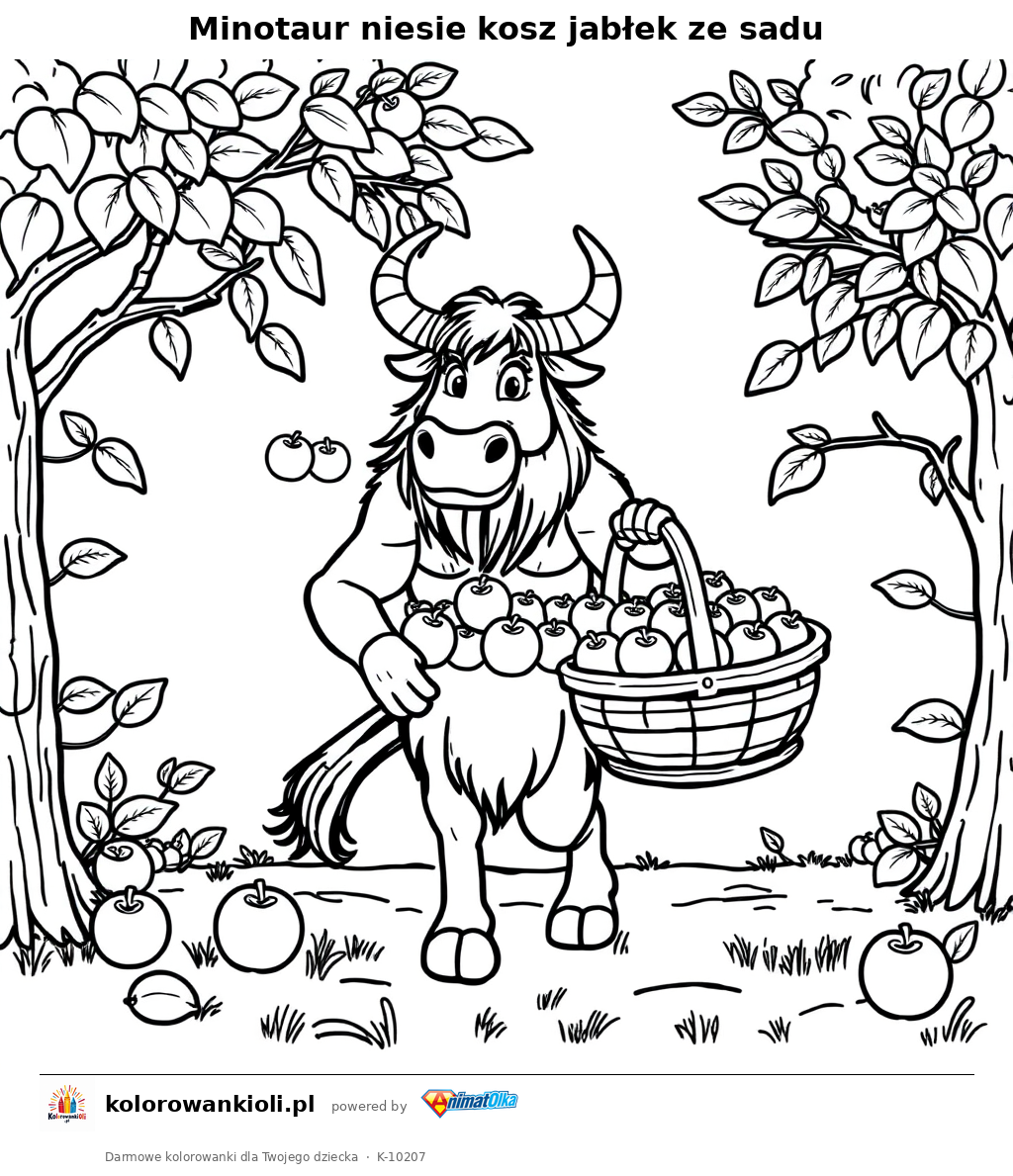 Minotaur niesie kosz jablek ze sadu — kolorowanka do wydruku dla dzieci