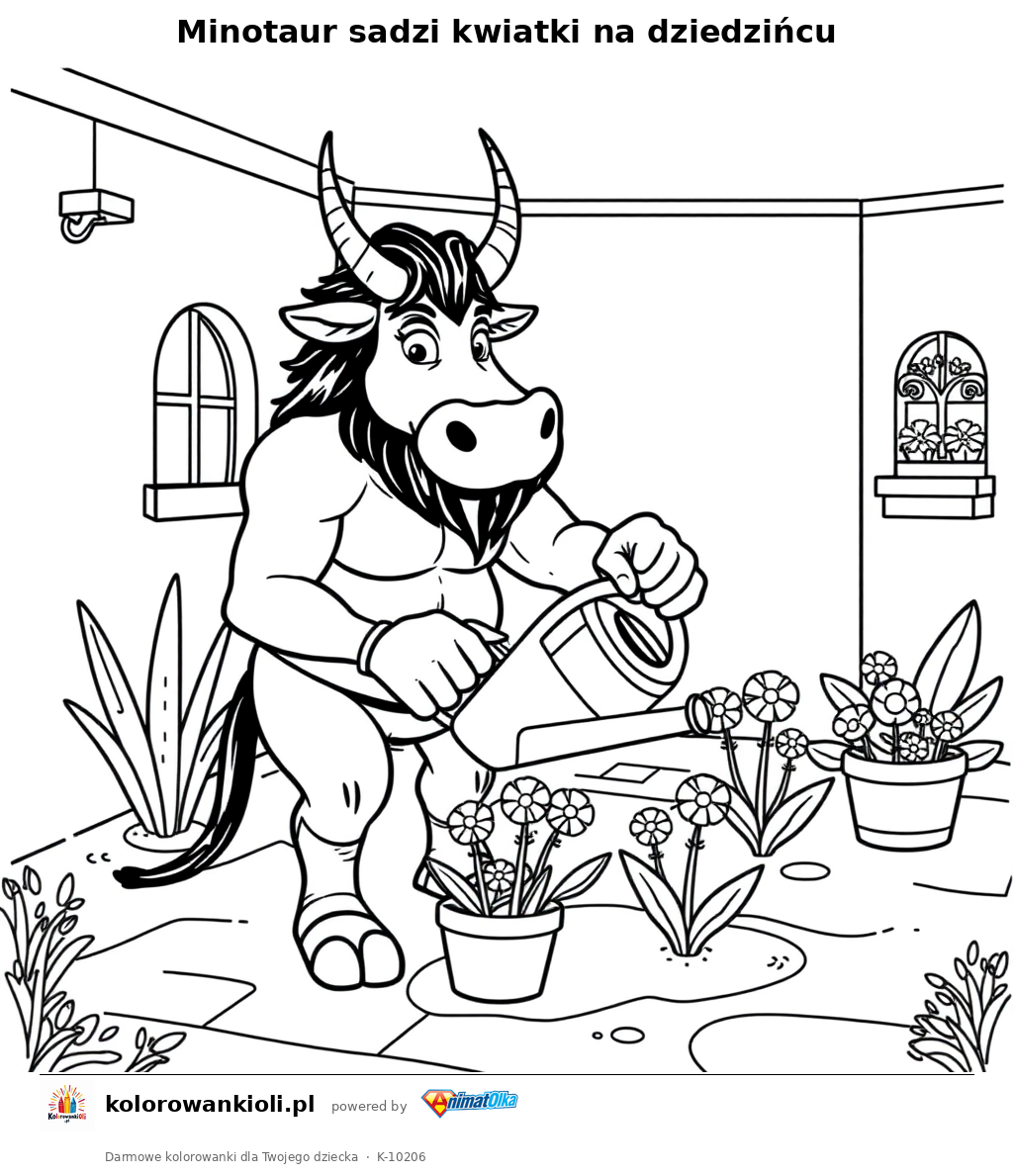 Minotaur sadzi kwiatki na dziedzincu — kolorowanka do wydruku dla dzieci