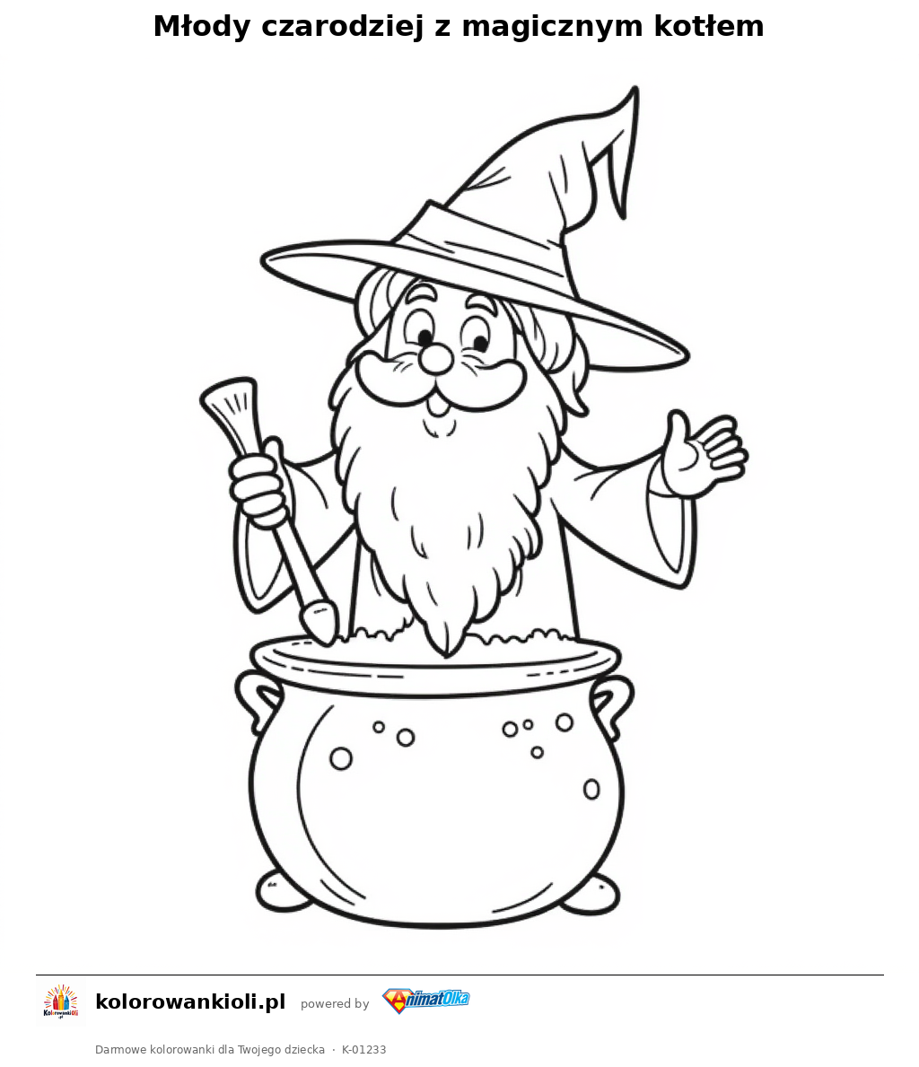 Kolorowanka — Młody czarodziej z magicznym kotłem