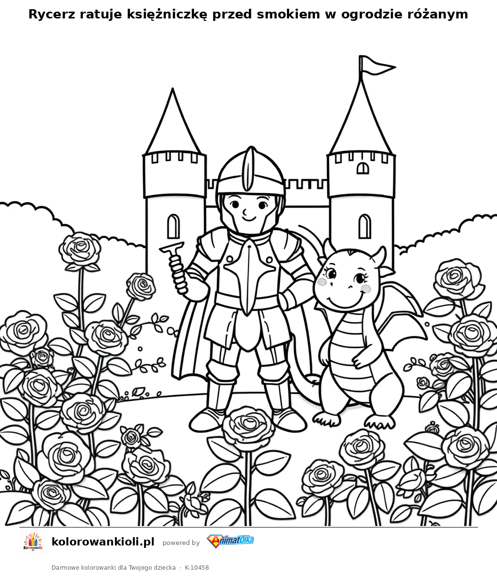 Rycerz ratuje ksiezniczke przed smokiem w ogrodzie rozanym — kolorowanka do wydruku dla dzieci