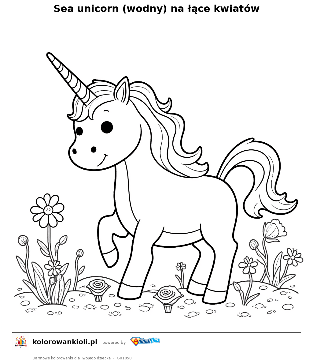 Kolorowanka — Sea unicorn (wodny) na łące kwiatów