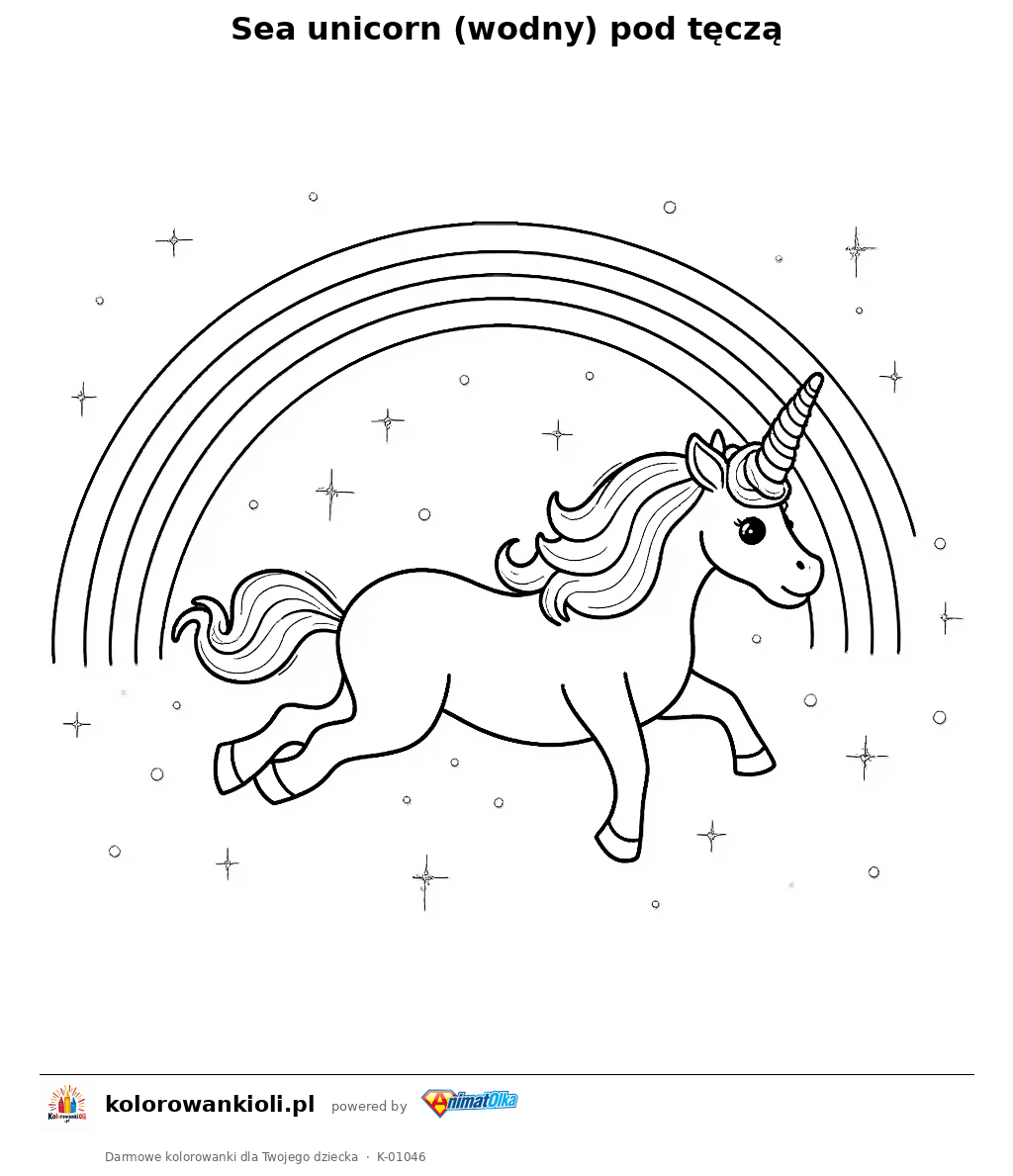 Kolorowanka — Sea unicorn (wodny) pod tęczą