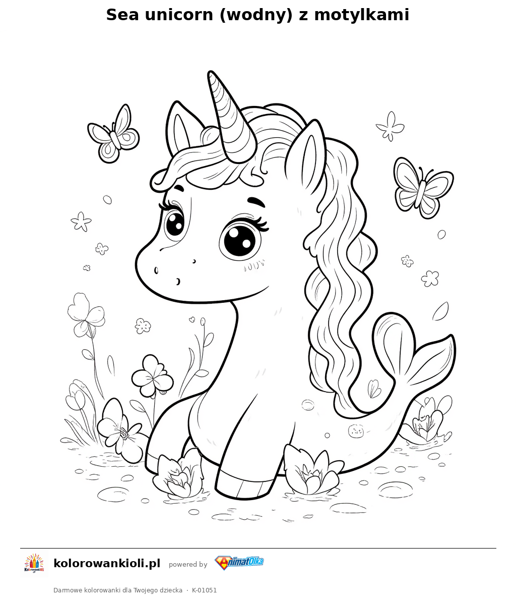 Kolorowanka — Sea unicorn (wodny) z motylkami