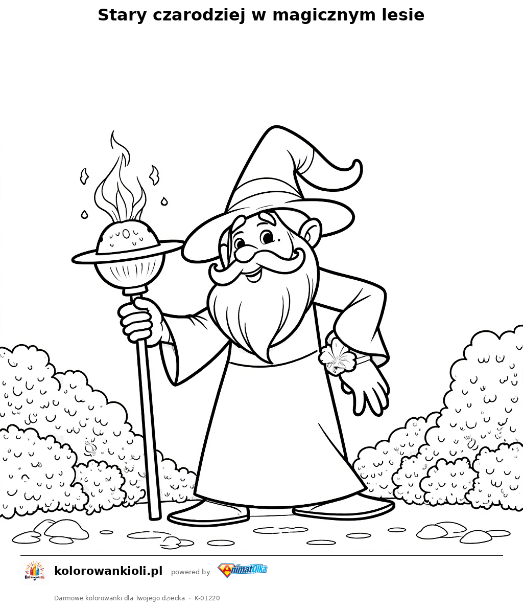 Kolorowanka — Stary czarodziej w magicznym lesie