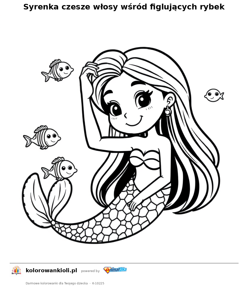 Syrenka czesze włosy wśród figlujących rybek — kolorowanka do wydruku dla dzieci