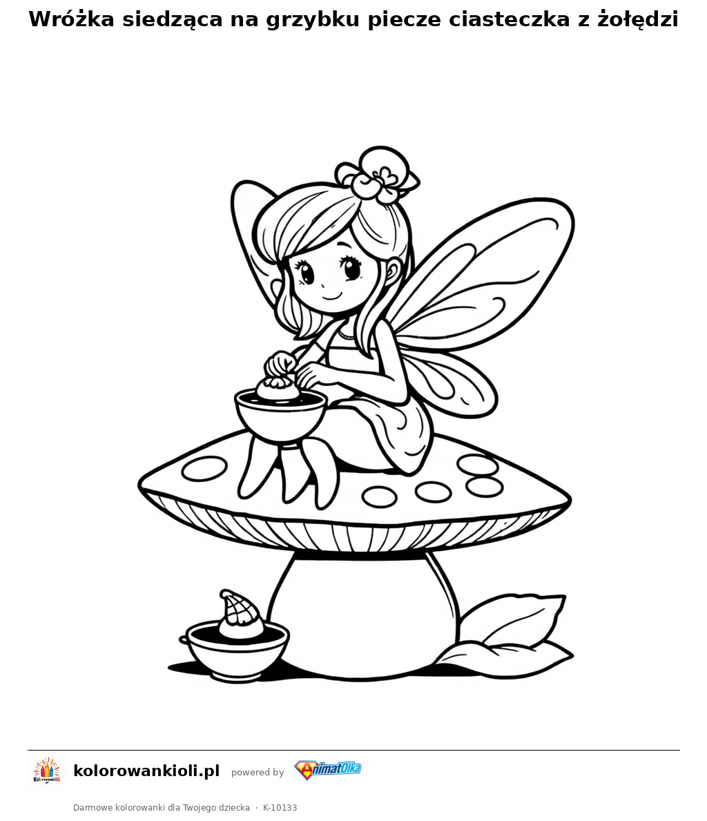 Wróżka siedząca na grzybku piecze ciasteczka z żołędzi — kolorowanka do wydruku dla dzieci
