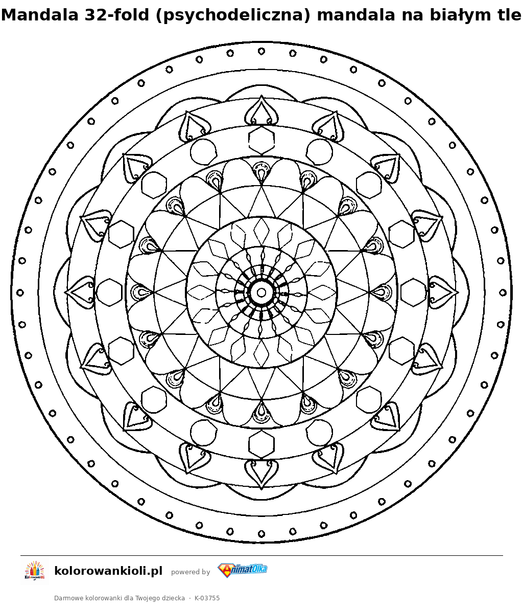 Kolorowanka — Mandala 32-fold (psychodeliczna) mandala na białym tle
