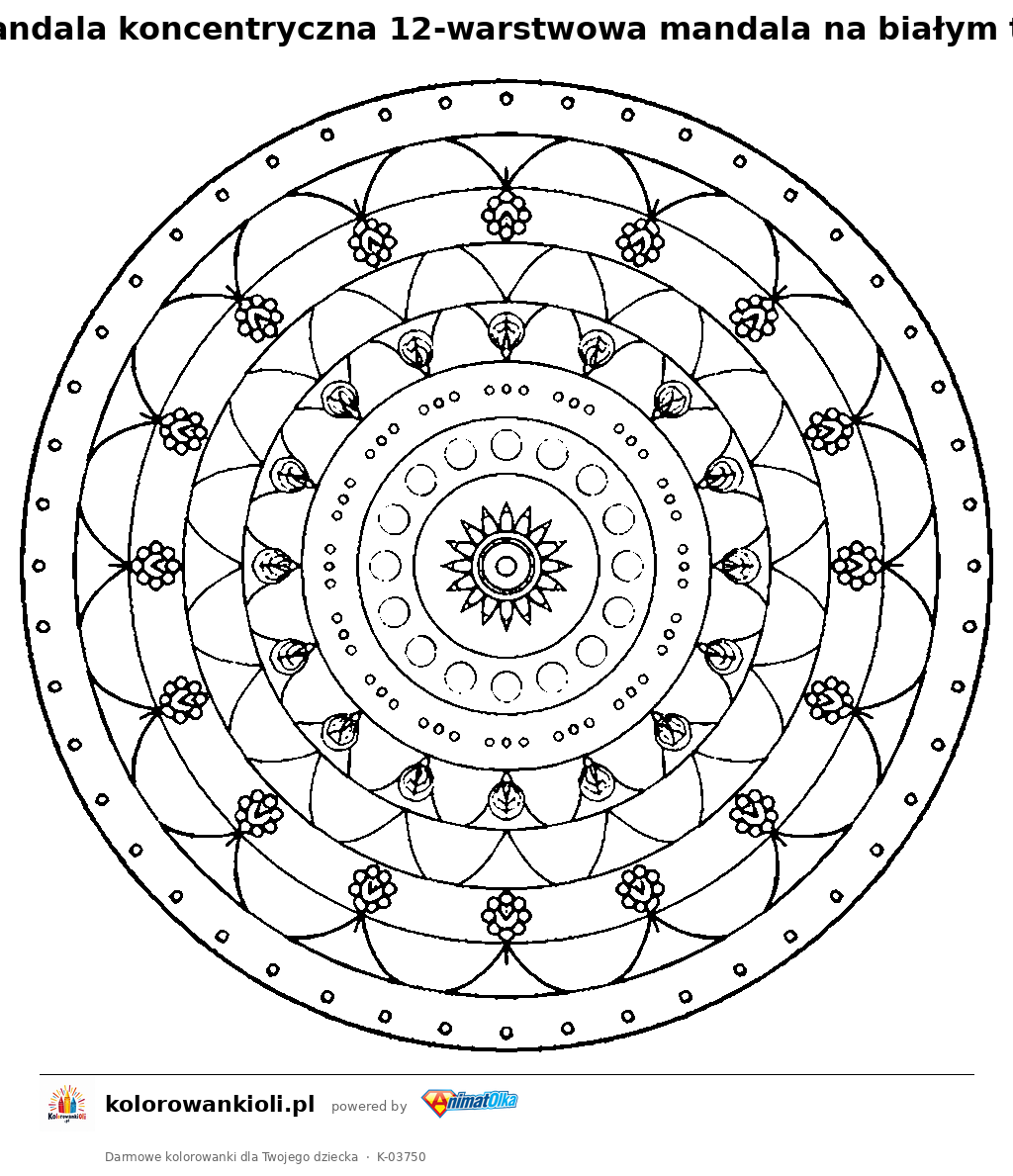 Kolorowanka — Mandala koncentryczna 12-warstwowa mandala na białym tle