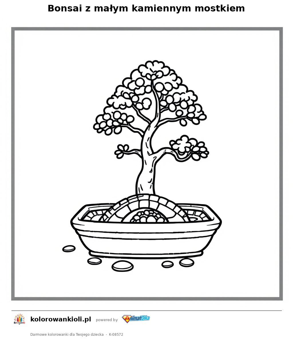 Bonsai z małym kamiennym mostkiem — kolorowanka do wydruku dla dzieci