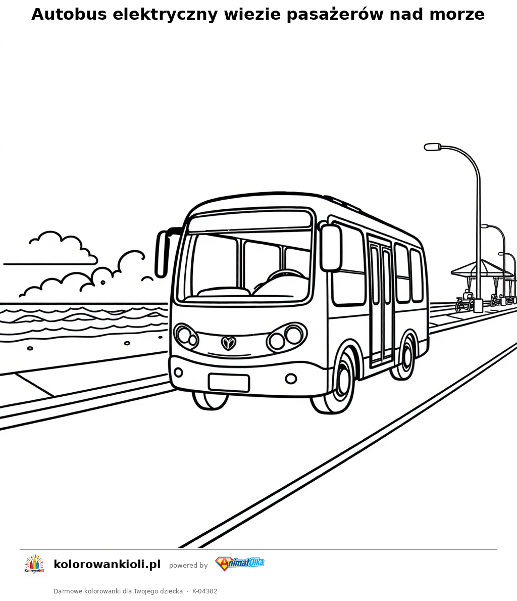 Autobus elektryczny wiezie pasażerów nad morze — kolorowanka do wydruku dla dzieci