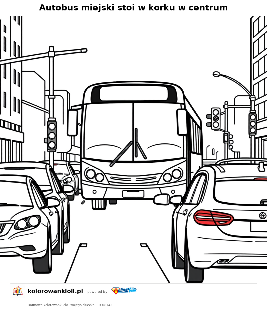 Autobus miejski stoi w korku w centrum — kolorowanka do wydruku dla dzieci
