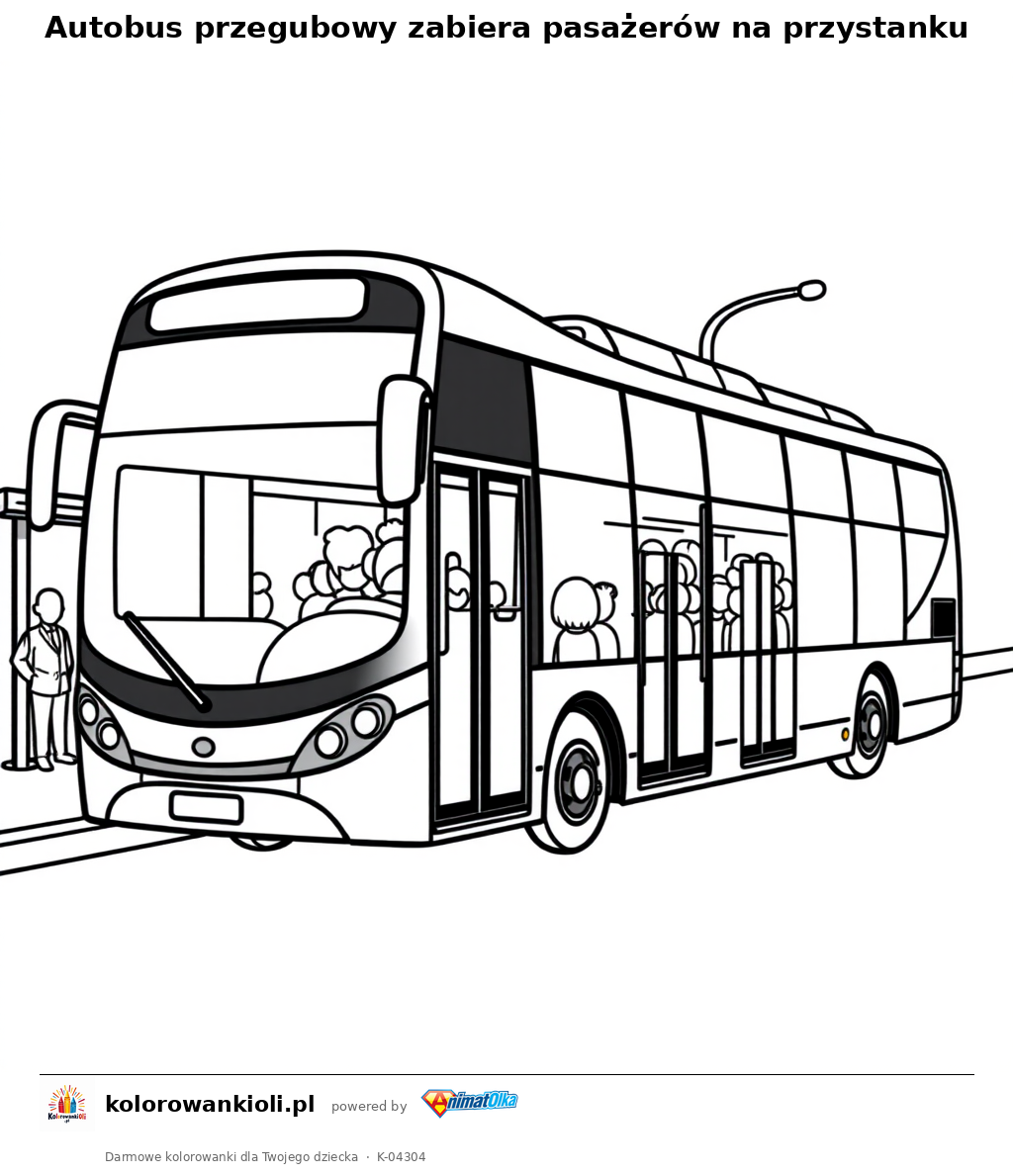 Autobus przegubowy zabiera pasażerów na przystanku — kolorowanka do wydruku dla dzieci