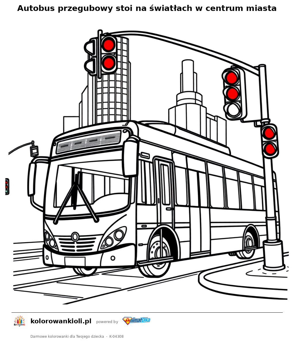 Autobus przegubowy stoi na światłach w centrum miasta — kolorowanka do wydruku dla dzieci