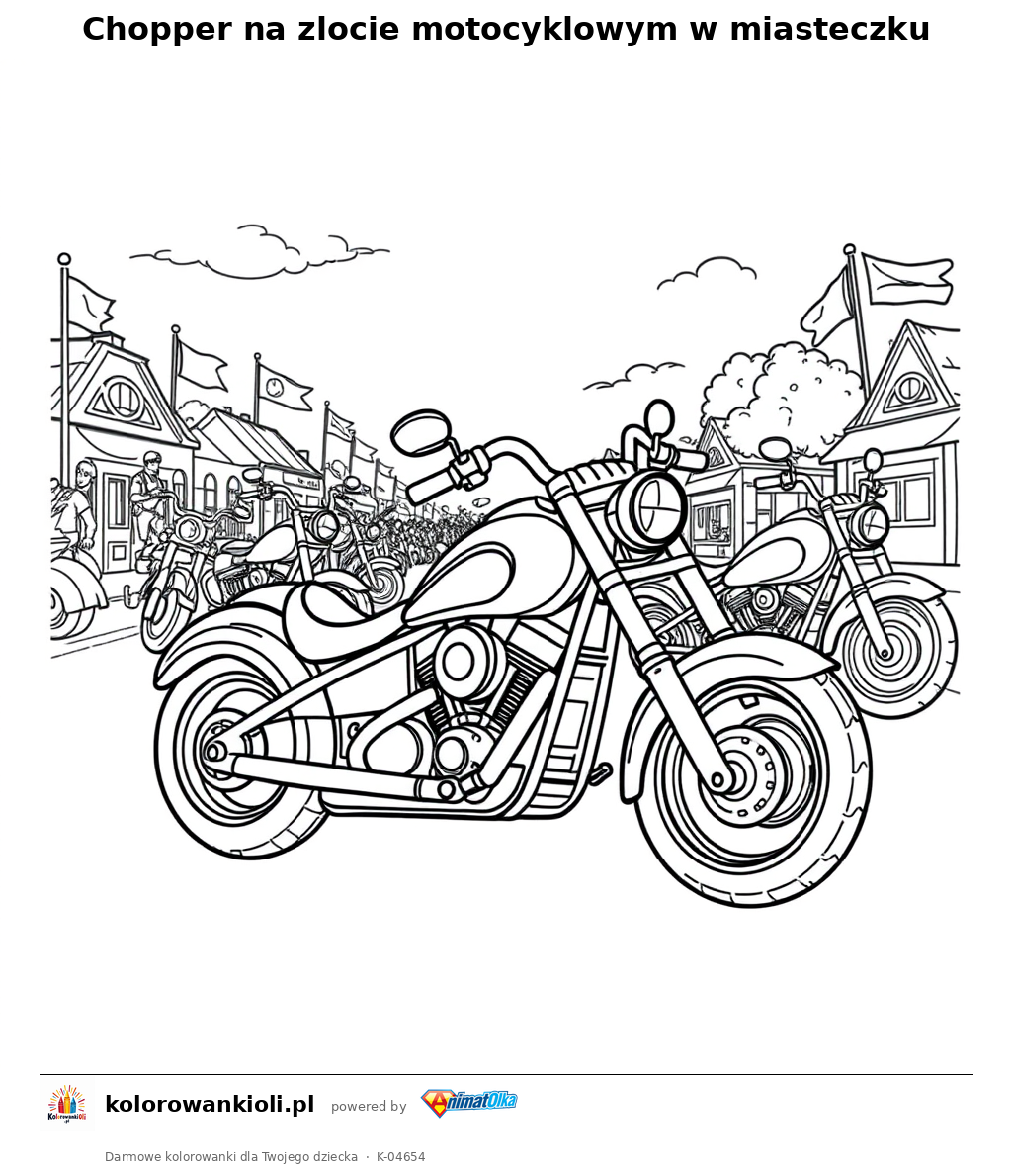 Chopper na zlocie motocyklowym w miasteczku — kolorowanka do wydruku dla dzieci