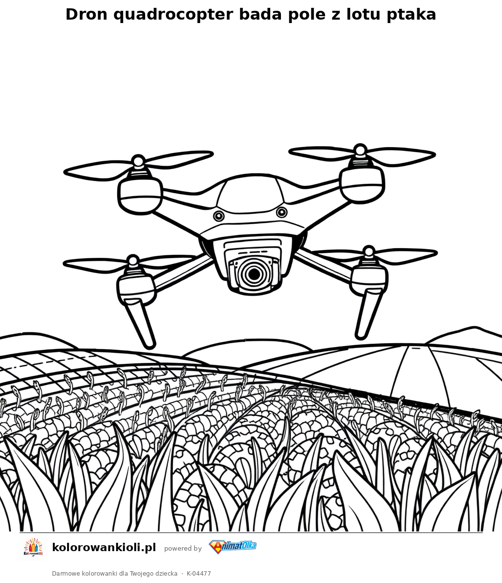 Dron quadrocopter bada pole z lotu ptaka — kolorowanka do wydruku dla dzieci