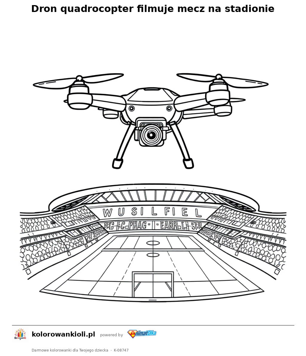Dron quadrocopter filmuje mecz na stadionie — kolorowanka do wydruku dla dzieci
