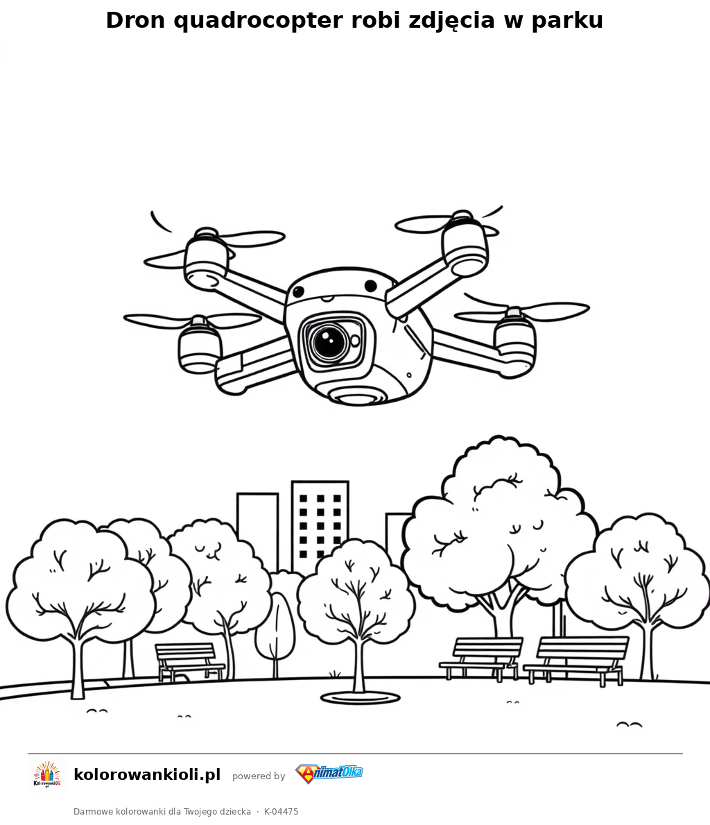 Dron quadrocopter robi zdjęcia w parku — kolorowanka do wydruku dla dzieci
