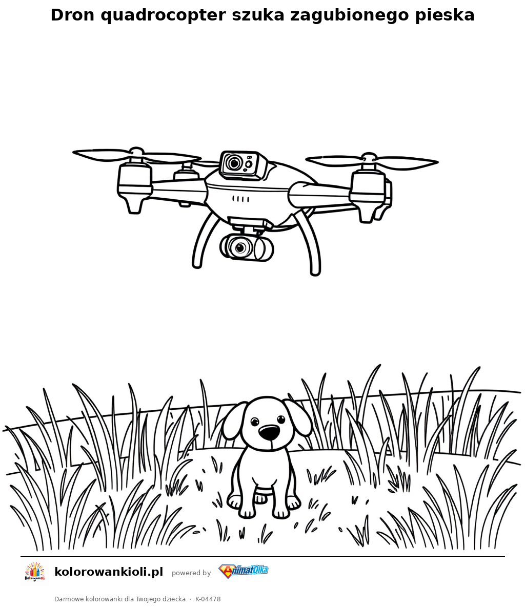 Dron quadrocopter szuka zagubionego pieska — kolorowanka do wydruku dla dzieci
