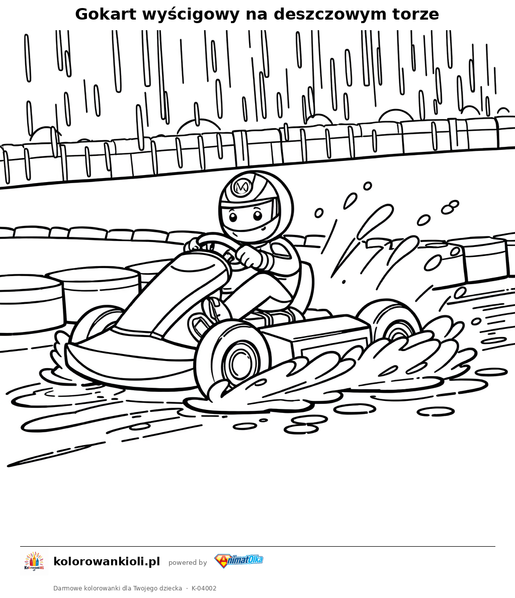 Gokart wyścigowy na deszczowym torze — kolorowanka do wydruku dla dzieci