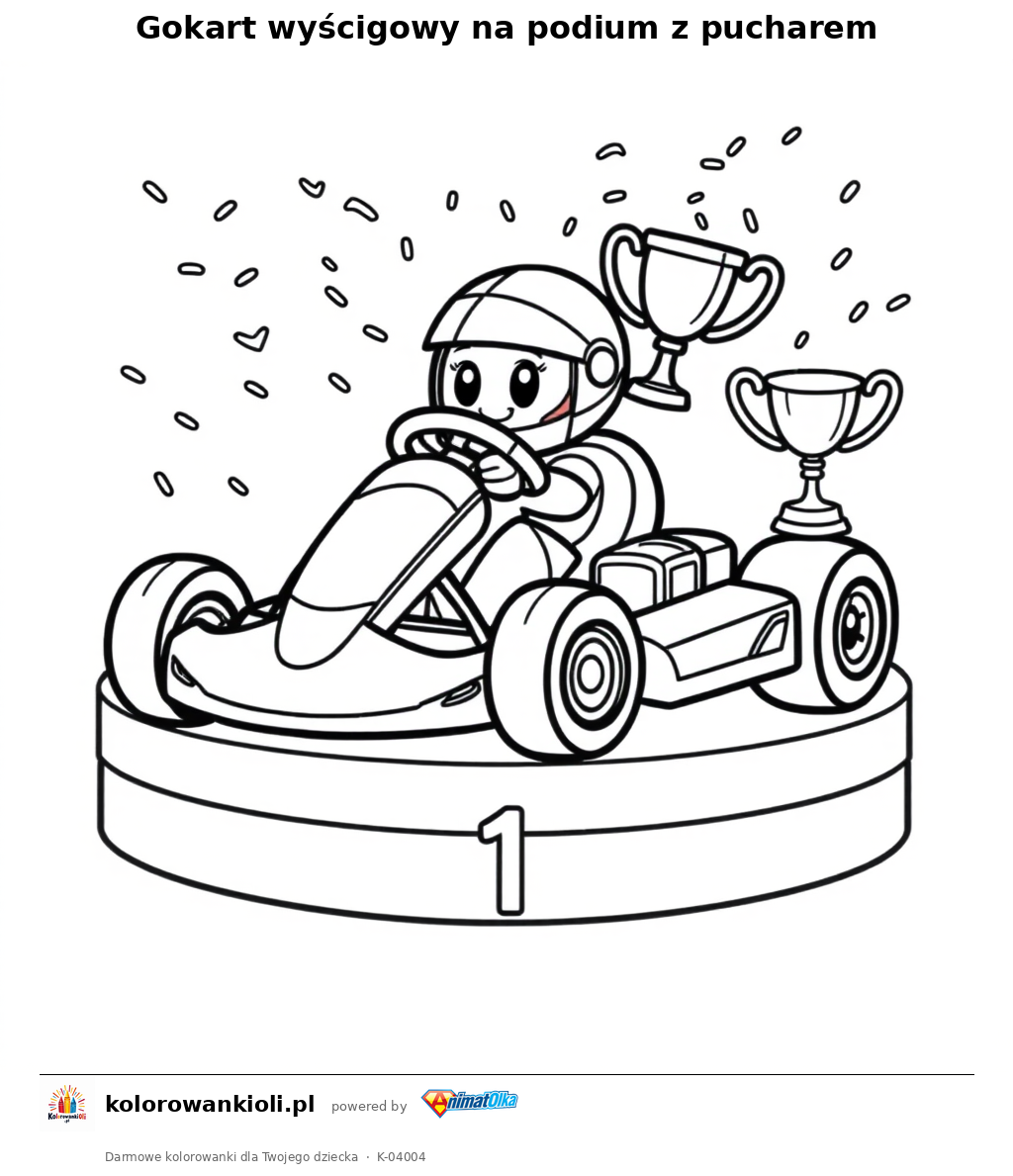 Gokart wyścigowy na podium z pucharem — kolorowanka do wydruku dla dzieci
