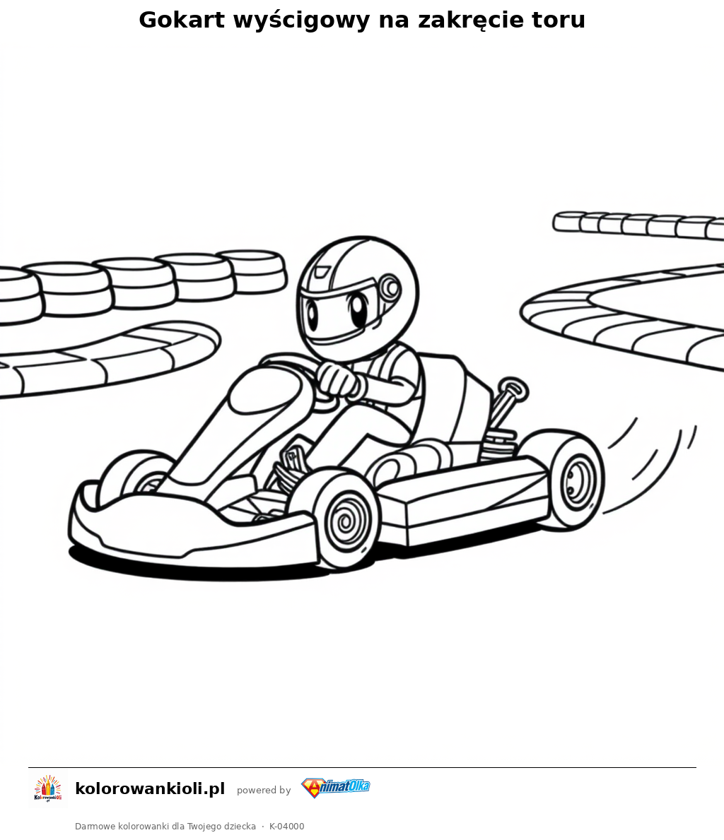 Gokart wyścigowy na zakręcie toru — kolorowanka do wydruku dla dzieci