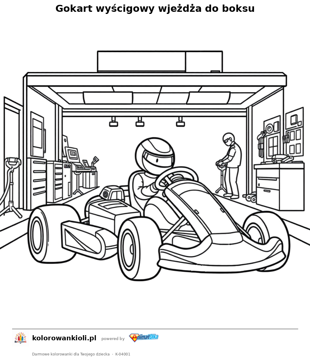 Gokart wyścigowy wjeżdża do boksu — kolorowanka do wydruku dla dzieci