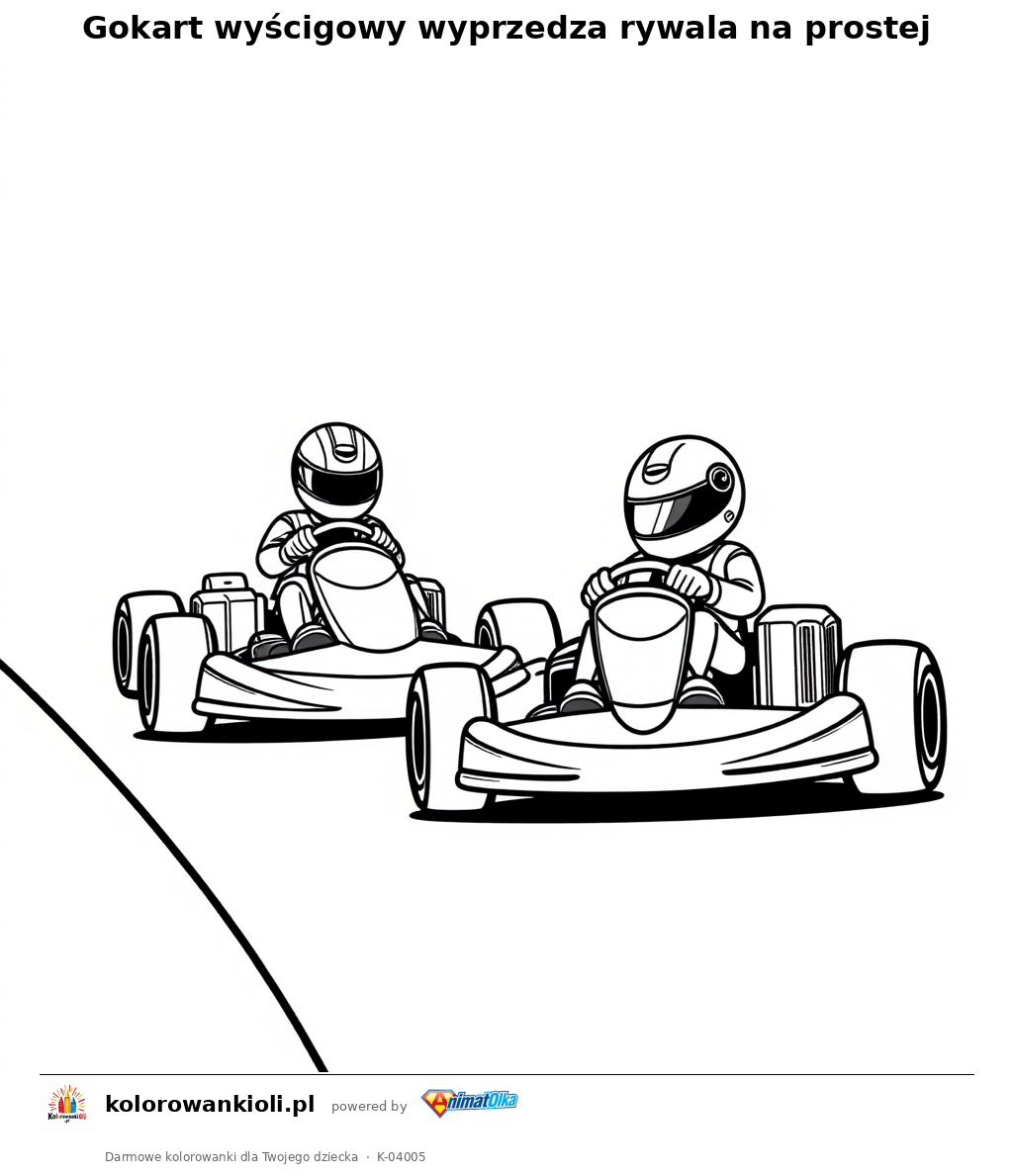 Gokart wyścigowy wyprzedza rywala na prostej — kolorowanka do wydruku dla dzieci