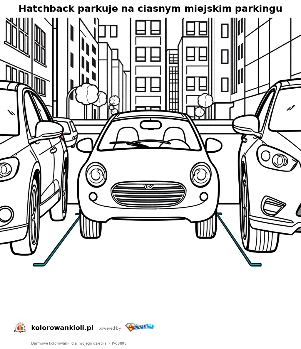 Hatchback parkuje na ciasnym miejskim parkingu — kolorowanka do wydruku dla dzieci