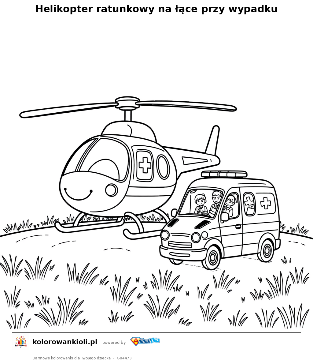 Helikopter ratunkowy na łące przy wypadku — kolorowanka do wydruku dla dzieci