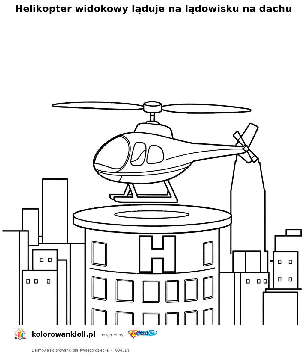Helikopter widokowy ląduje na lądowisku na dachu — kolorowanka do wydruku dla dzieci