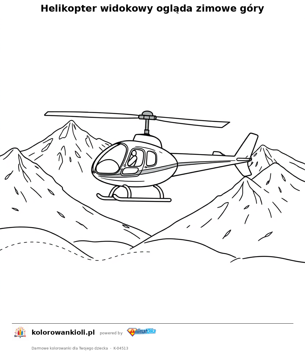 Helikopter widokowy ogląda zimowe góry — kolorowanka do wydruku dla dzieci